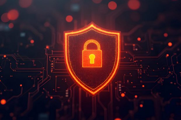 Glowing orange shield with a padlock on a dark circuit board background.
