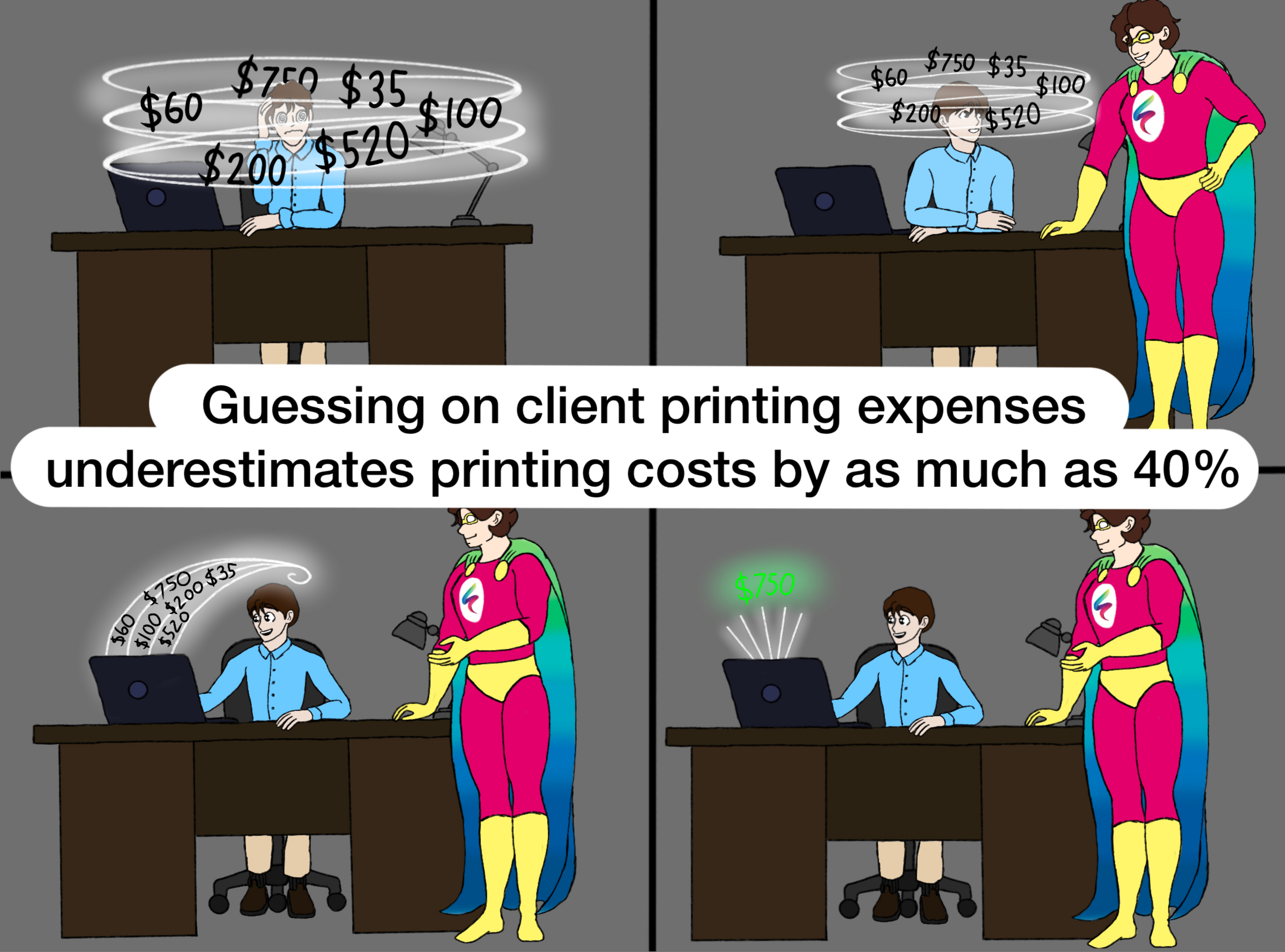 Guessing on client printing expenses underestimates printing cost by as much as 40%.