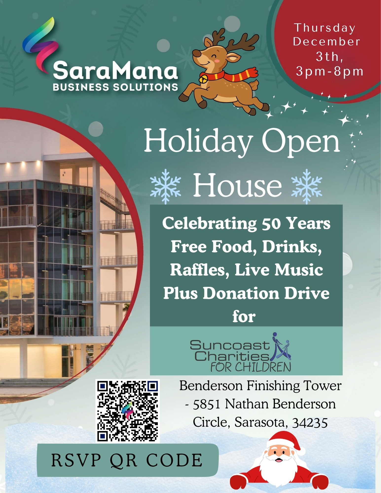 SaraMana Holiday Open House flyer: Thursday, December 3 from 3 to 8 PM at the Benderson Finishing Tower, 5851 Nathan Benderson Circle in Sarasota, celebrating 50 years with free food, drinks, raffles and live music, plus a donation drive for Suncoast Charities for Children.
