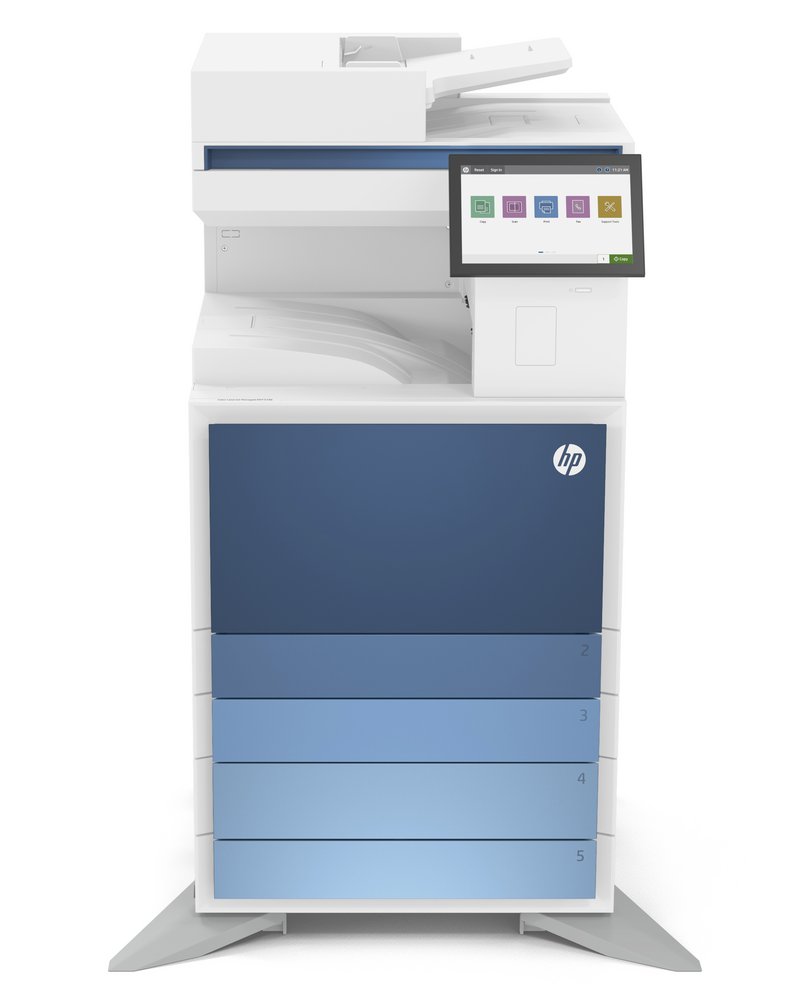 HP Color LaserJet Managed MFP E786dn color laser multifunction printer with optional paper trays and a 10.1 inch color touchscreen.