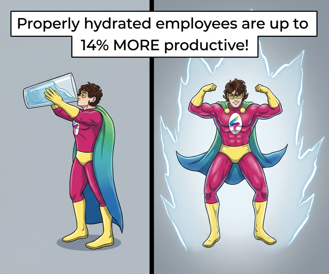 Properly hydrated employees are up to 14% more productive.