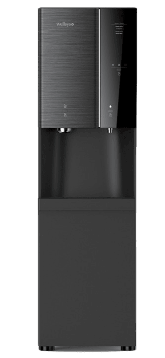 Wellsys i14 freestanding combination ice and water dispenser with touchless sensor dispensing, 44 lbs of ice daily.