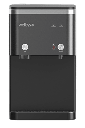Wellsys i16 countertop ice and water dispenser producing chewable nugget ice with UV sanitation and touch-free dispensing.