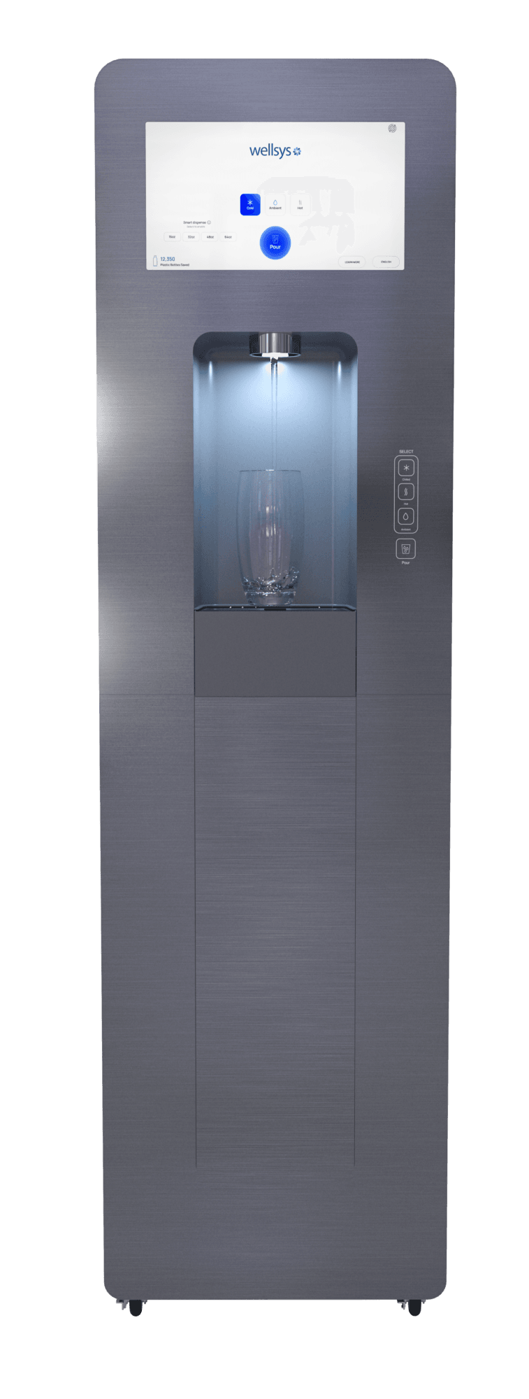 Wellsys XL1 freestanding hydration center with large full-color interactive touchscreen and dual reverse osmosis filtration.
