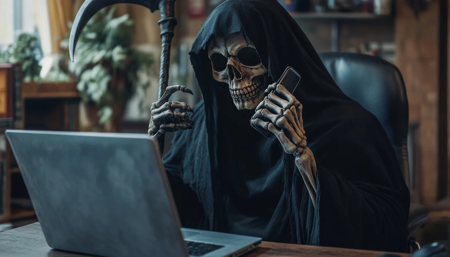 Grim Reaper Using Computer and Mobile Phone